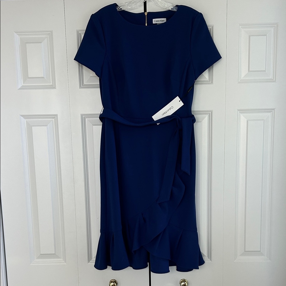 Calvin Klein Women's Royal Blue Midi Dress with ruffle and Gold zipper. 6